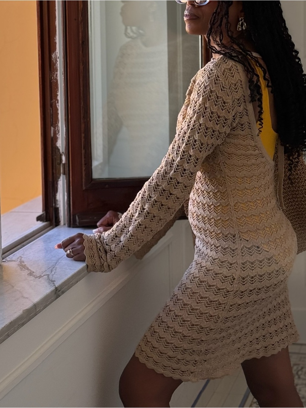 12th Tribe Knit Lace Long-Sleeve Beige Dress
